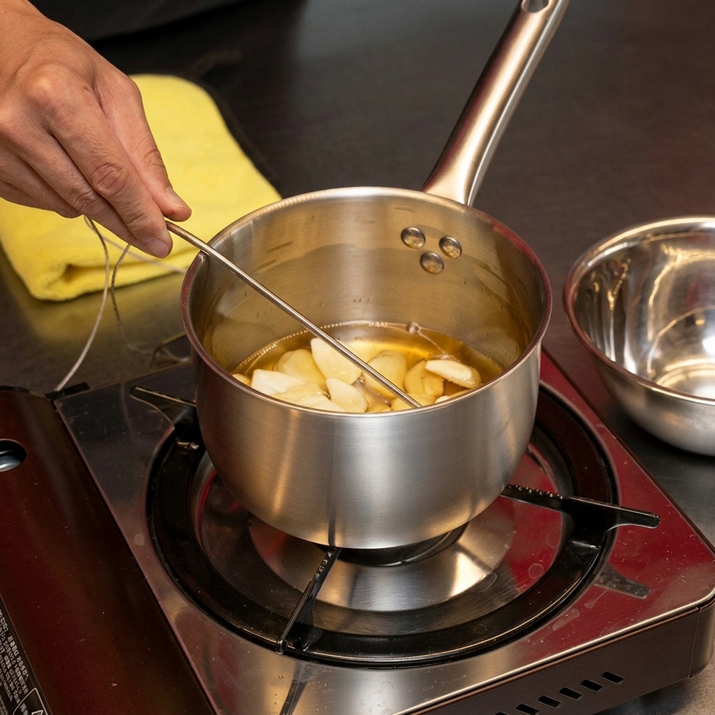 Gousses dail entières frites lentement dans du saindoux fondu dans une petite casserole.