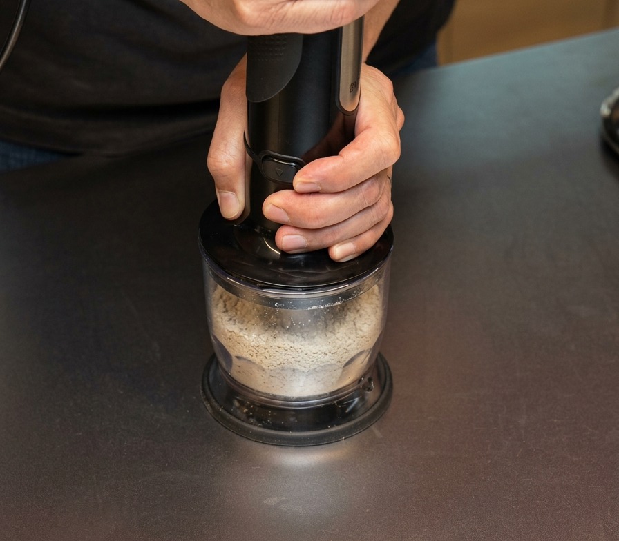 Deux mains utilisant un mixeur plongeant pour réduire les ingrédients en poudre dans un récipient transparent.
