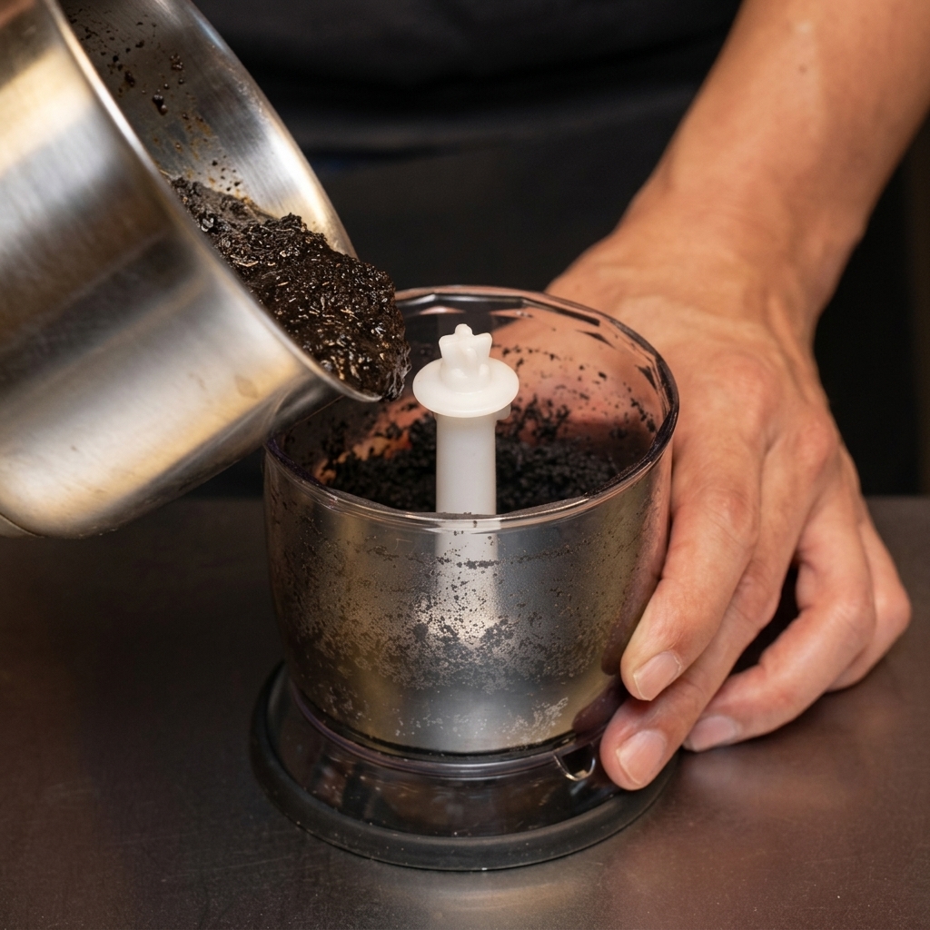 Mains versant un mélange dhuile et dail carbonisé dune casserole vers un bol de robot culinaire.