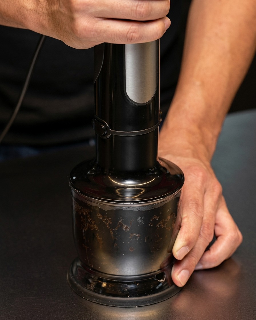 Mains utilisant un mixeur plongeant pour mélanger la poudre dail noir et lhuile.