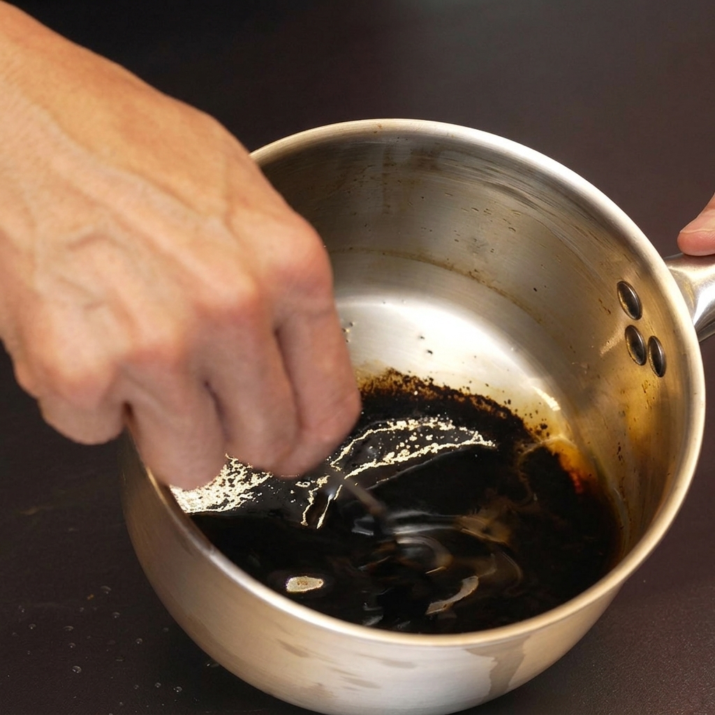 Une main remuant une huile dail noir brillante dans une casserole avec une cuillère.