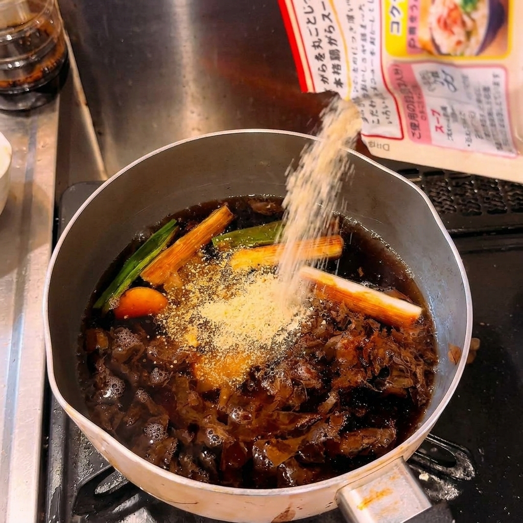 Bouillon de poulet en poudre versé dans une casserole de bouillon de ramen sombre et frémissant.