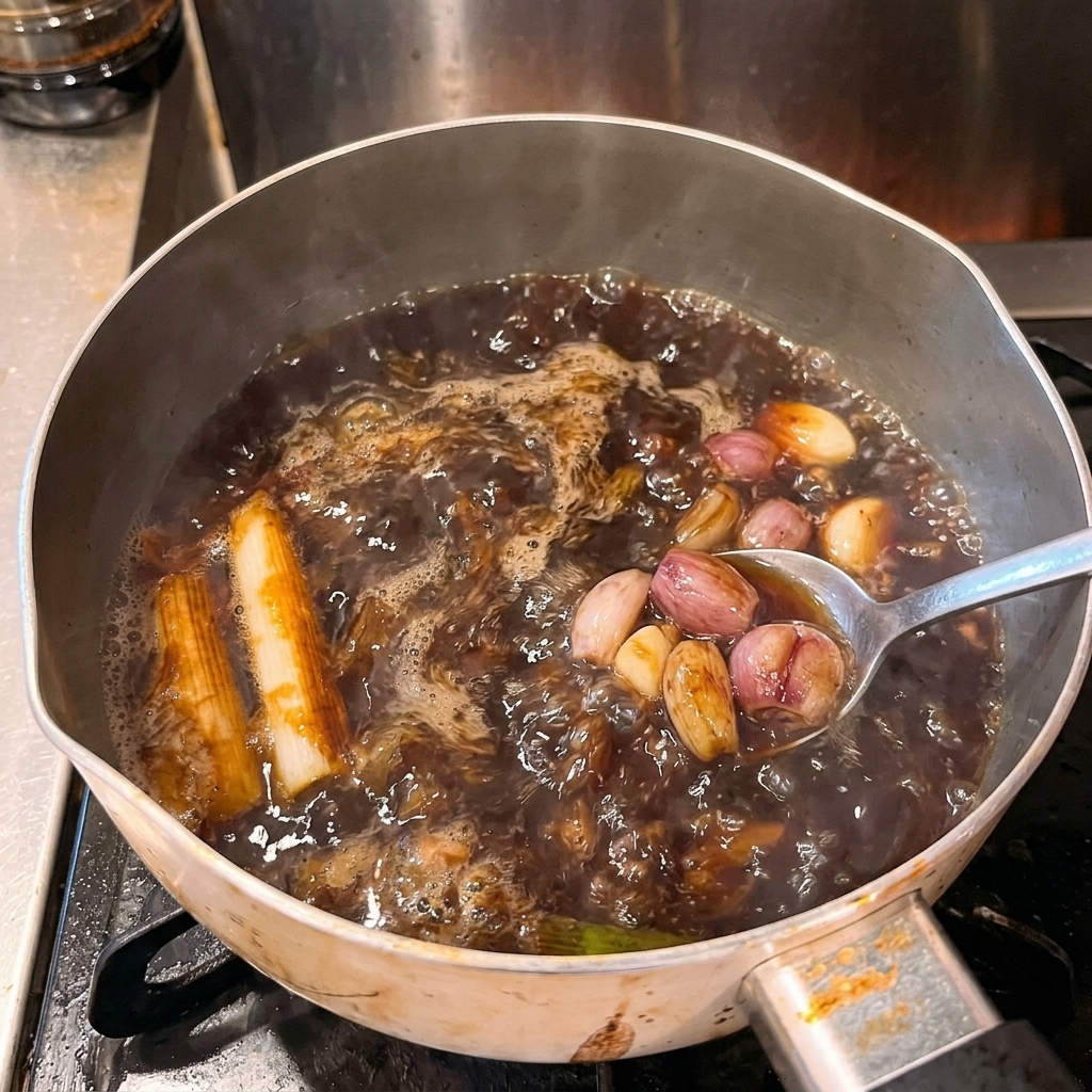 Une cuillère en métal remuant un bouillon de ramen foncé en pleine ébullition contenant de lail et des oignons verts.