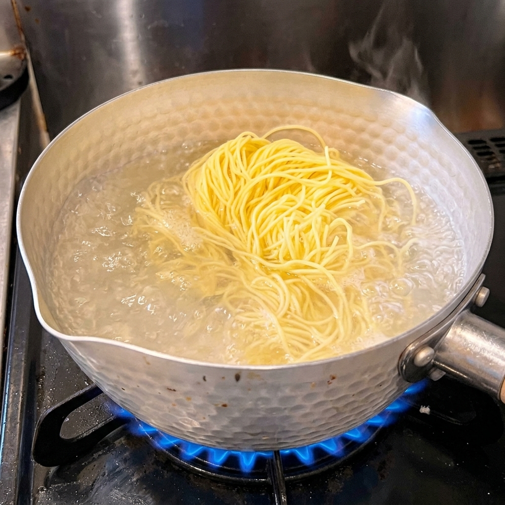 Un nid de nouilles ramen jaunes fraîches plongé dans une casserole deau bouillante argentée.