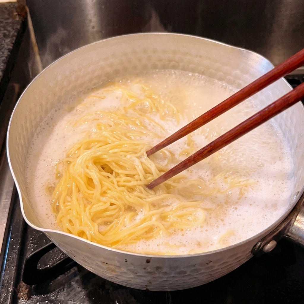 Baguettes en bois remuant des nouilles ramen jaunes dans une casserole deau bouillante amidonnée.