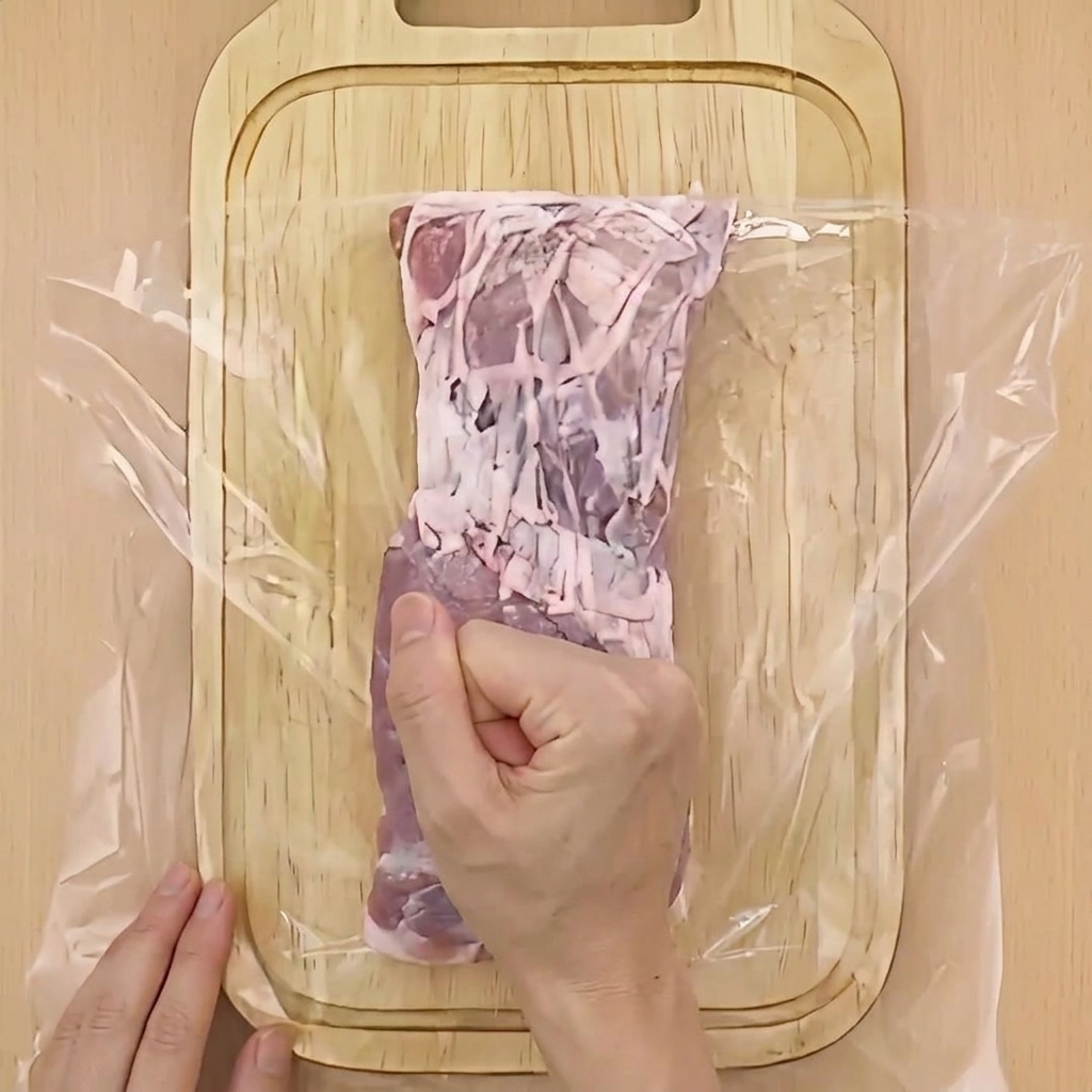 Un poing frappant un morceau de poitrine de porc crue recouvert de film plastique sur une planche à découper.