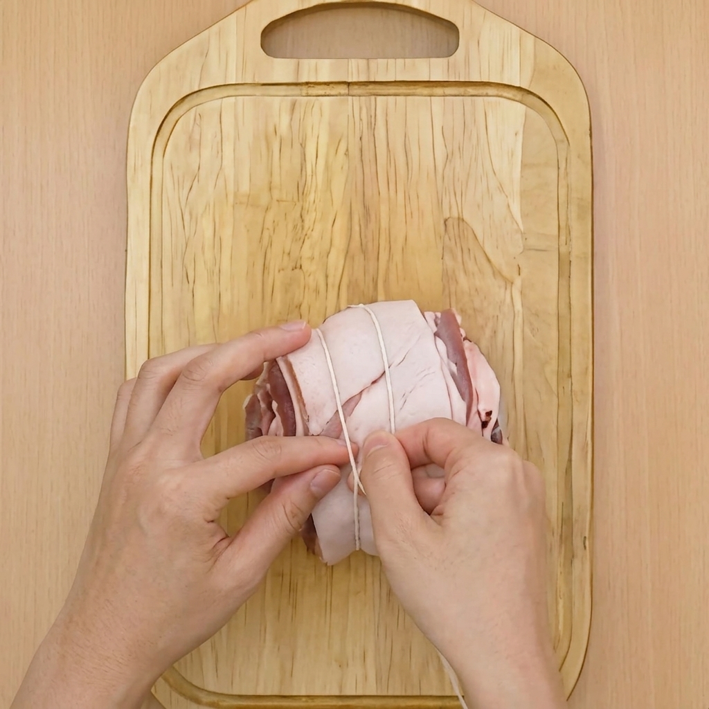 Des mains utilisant de la ficelle de boucher pour attacher solidement un rouleau de poitrine de porc.