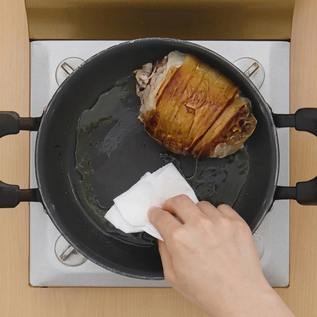 Une main utilisant un essuie-tout plié pour retirer lhuile et le gras au fond dune cocotte contenant le porc saisi.