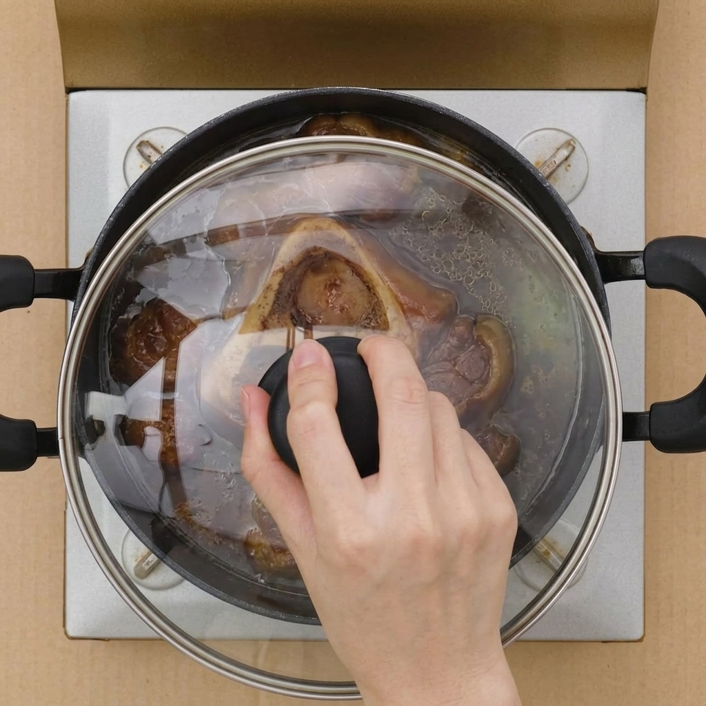 Une main posant un couvercle en verre sur une cocotte où mijote le porc chashu.