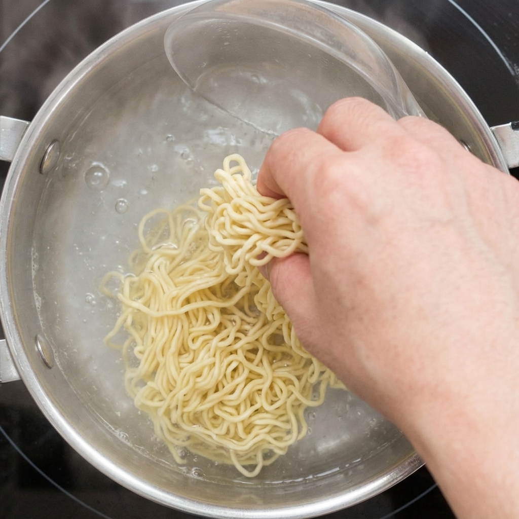 Une main plongeant des nouilles ramen jaunes dans une casserole deau bouillante.