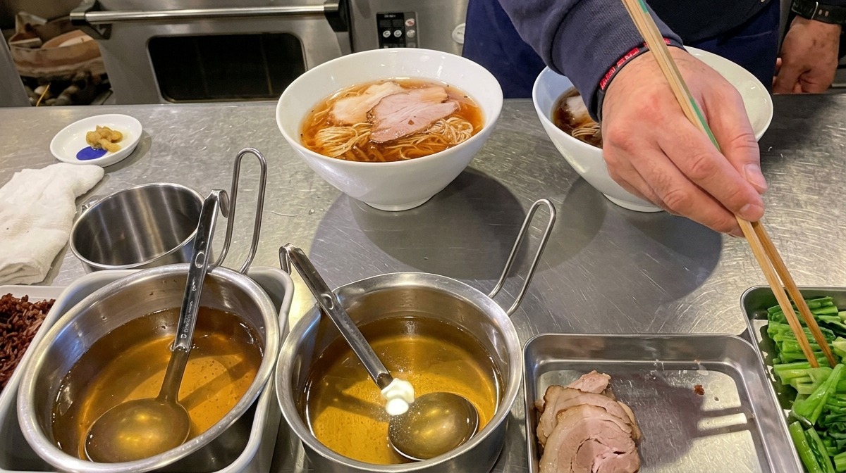 Main du chef utilisant des baguettes pour ajouter des épinards blanchis dans un bol de ramen.