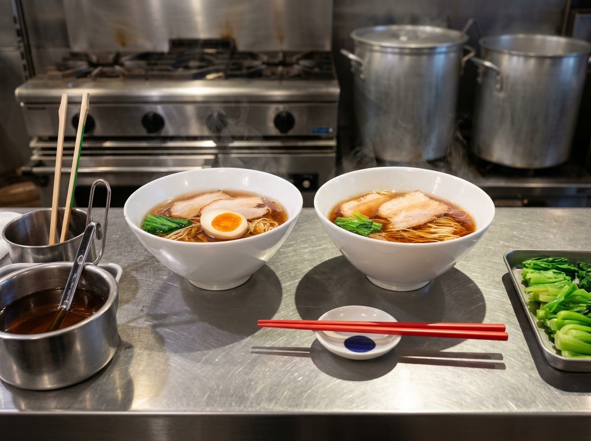 Un demi-œuf mollet avec un jaune orange vif placé sur un bol de ramen fumant.