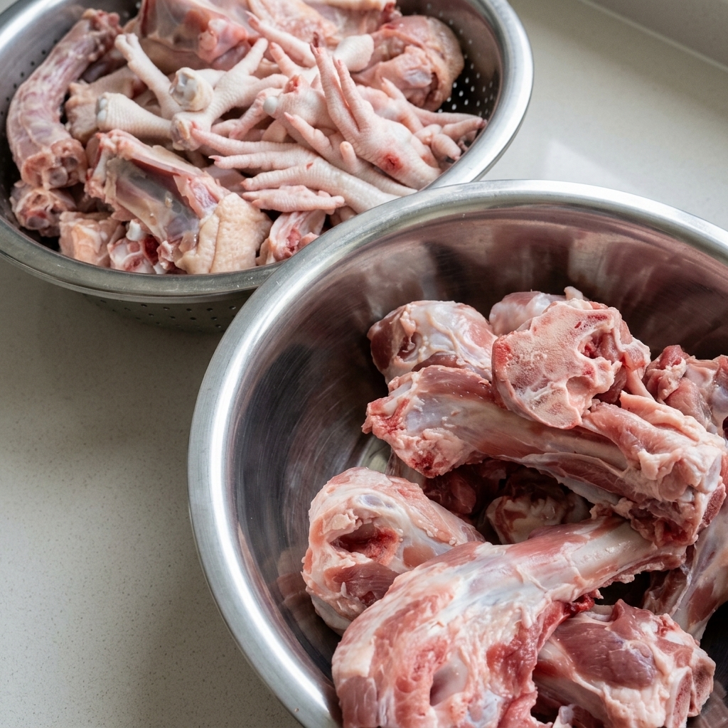 Carcasses de poulet et os de porc disposés dans deux bols en inox.