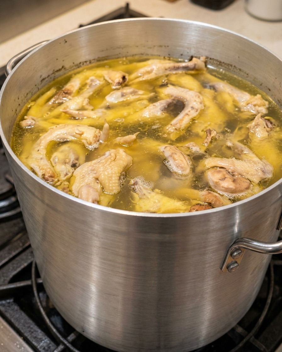 Os de poulet et de porc mijotant dans une grande marmite avec quelques impuretés à la surface.