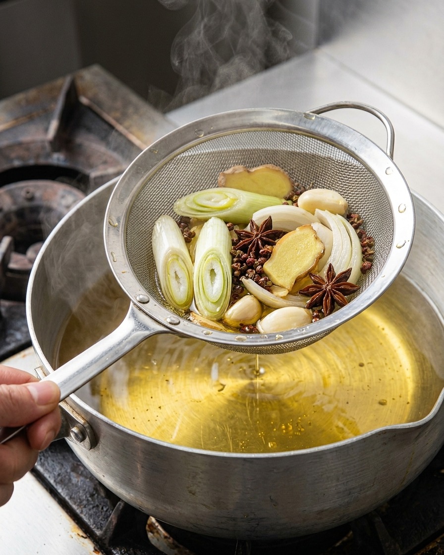 Une main tenant un tamis au-dessus dune casserole, filtrant les aromates dune huile dorée.