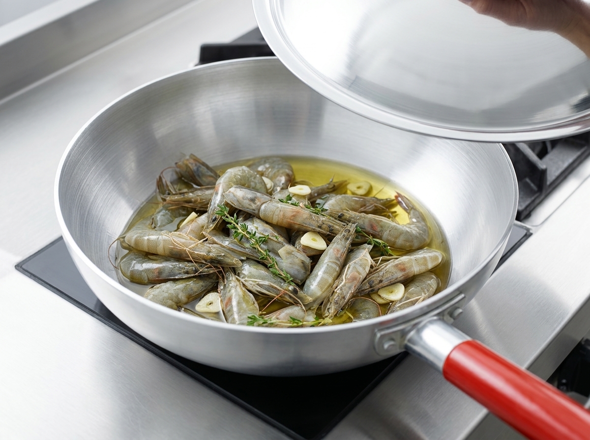 Crevettes crues entières dans une poêle en métal au moment où lon soulève le couvercle.