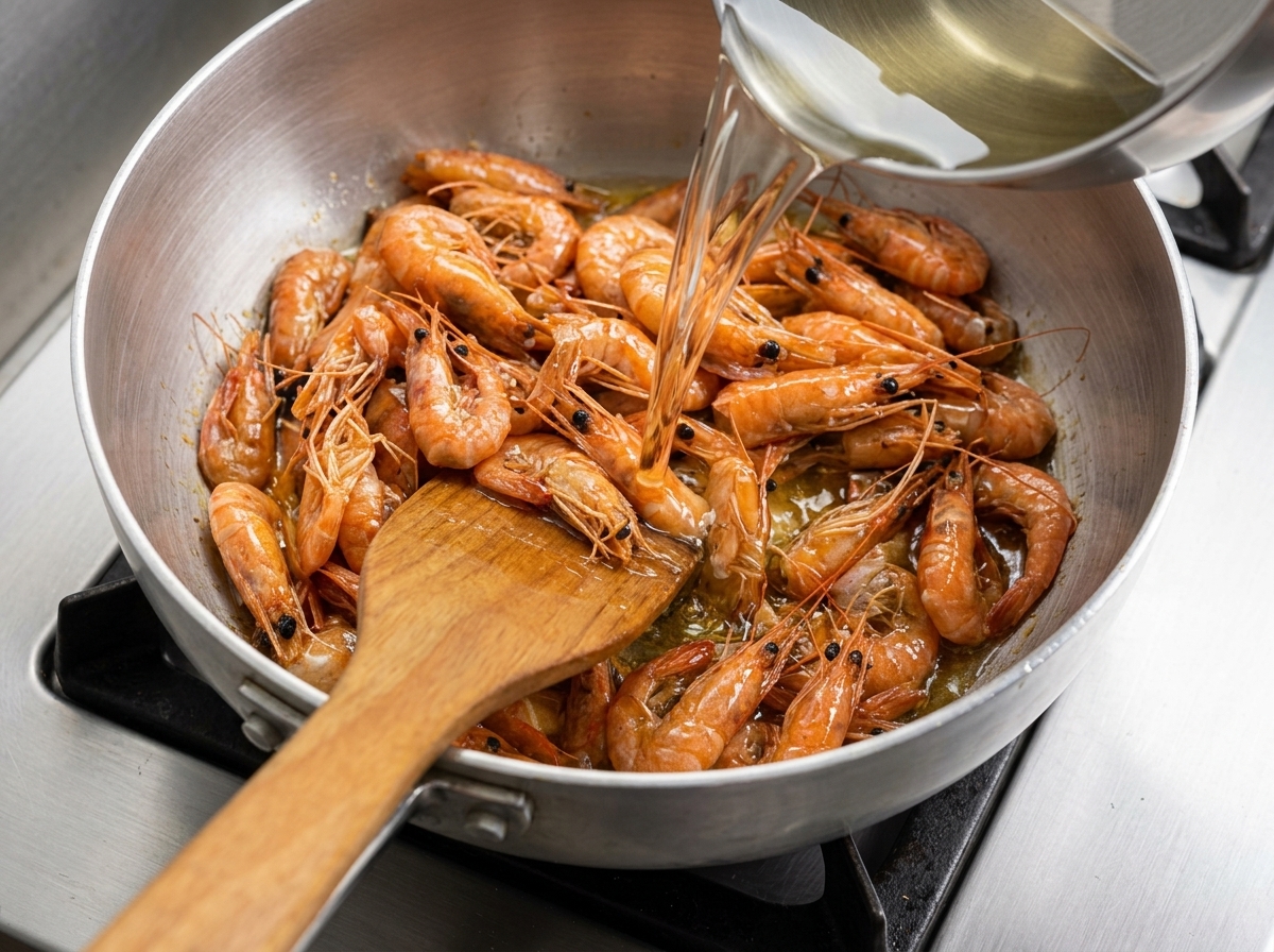 Huile dorée filtrée versée sur des crevettes rouges cuites dans une poêle, remuées avec une spatule.