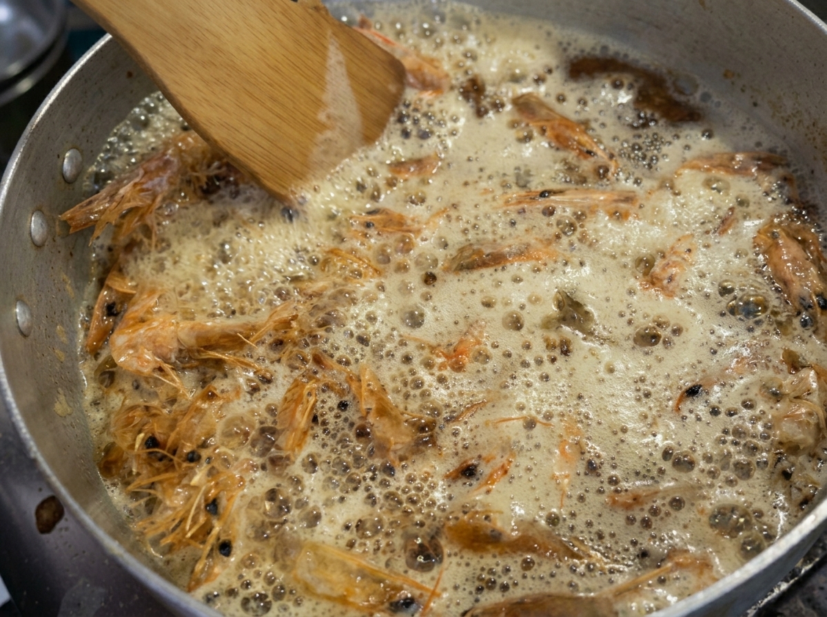 Têtes de crevettes frites dans lhuile chaude, pressées avec une spatule en bois dans une poêle.