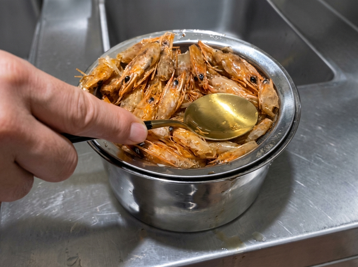 Main utilisant une cuillère pour presser les crevettes frites contre un tamis au-dessus dun bol dhuile orange.