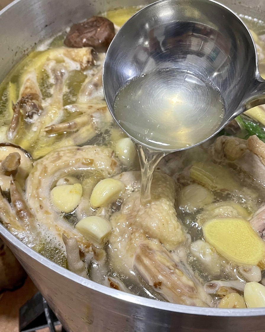 Louche en métal prélevant un bouillon chaud et clair dans une marmite contenant du poulet et du gingembre.