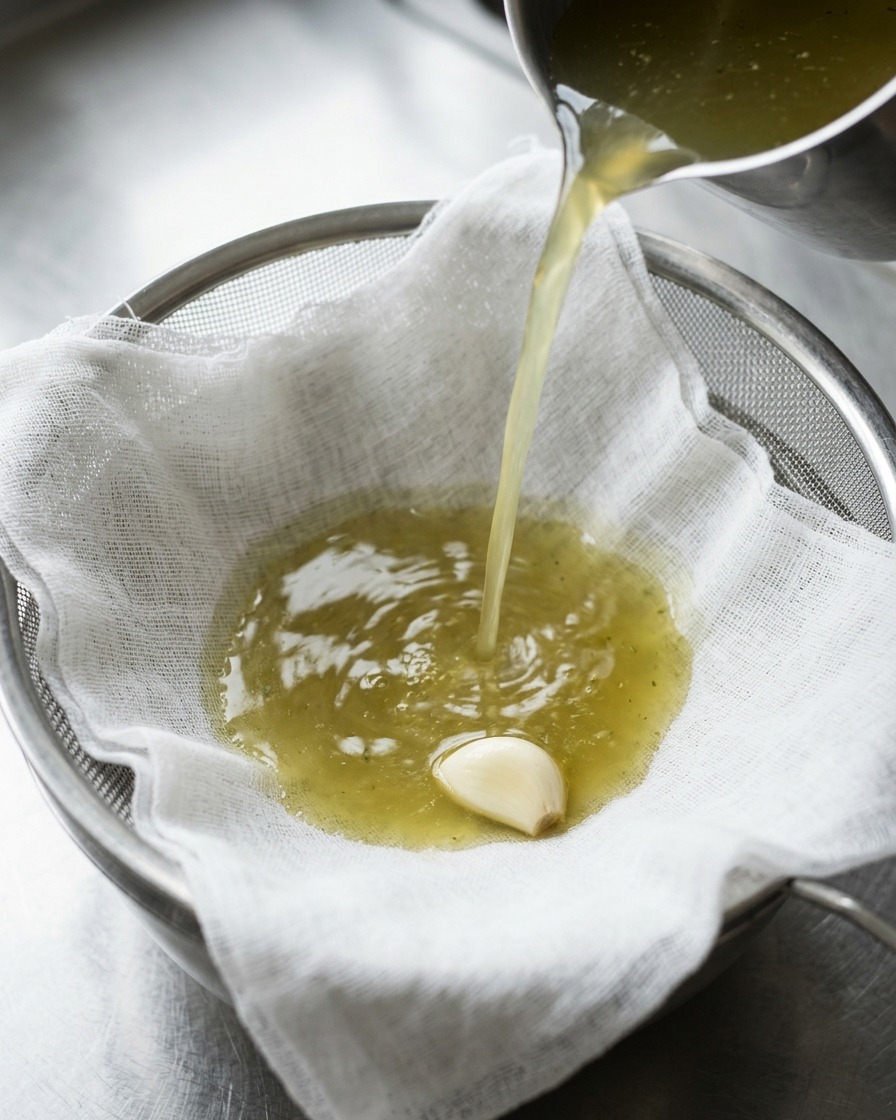 Bouillon dos clair versé à travers une étamine double couche dans un tamis au-dessus dun bol.