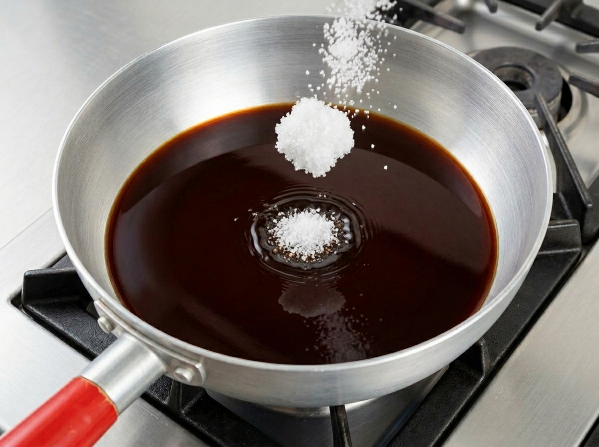 Sucre blanc et sel versés dans un mélange de sauce soja foncée dans une petite casserole.