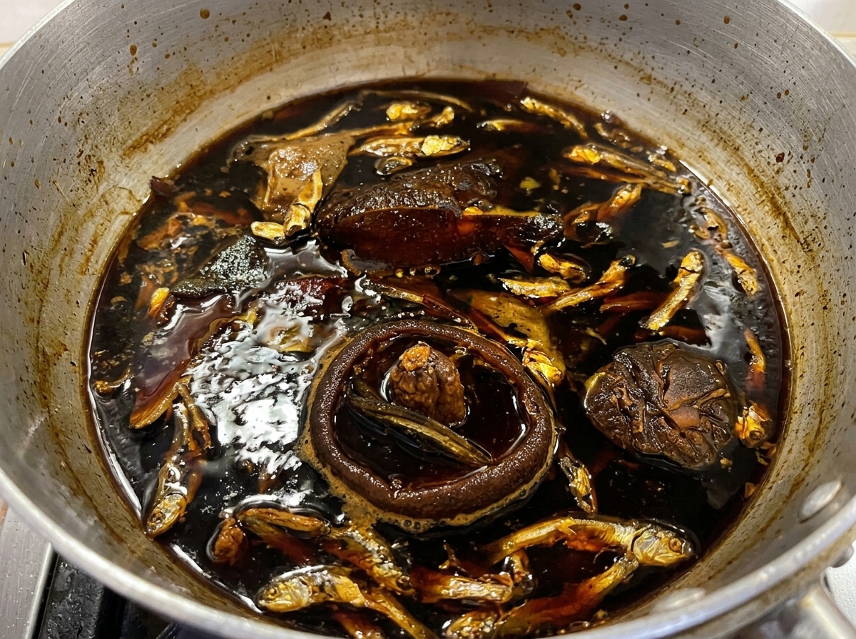 Tare à la sauce soja mijotant avec des petits poissons séchés et des shiitakes entiers.