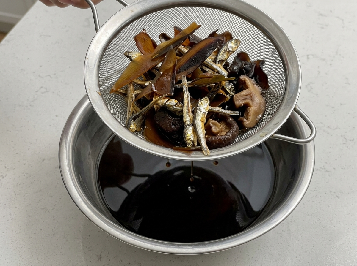 Tamis fin contenant poissons séchés et kombu, laissant ségoutter un tare Shoyu foncé dans un bol.