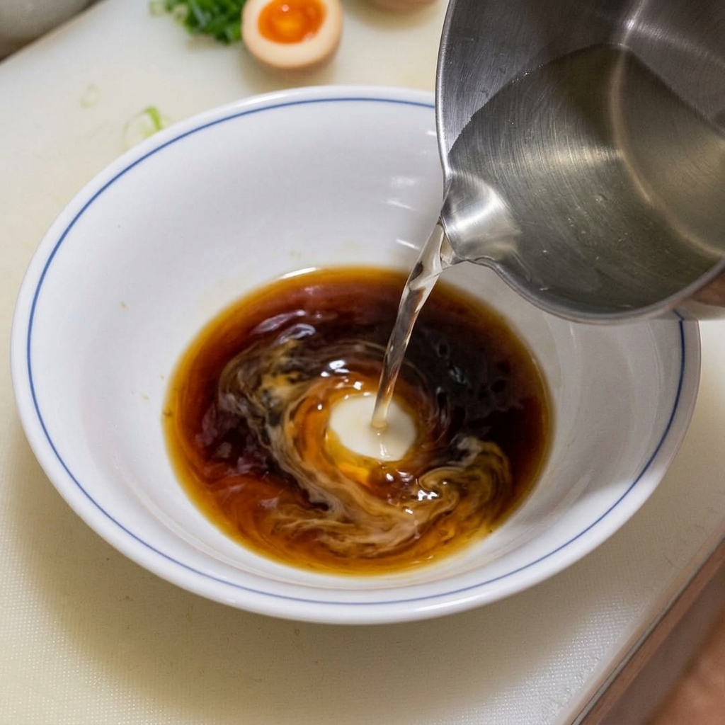 Bouillon clair versé dans un bol à ramen blanc contenant déjà le tare et les huiles aromatiques.