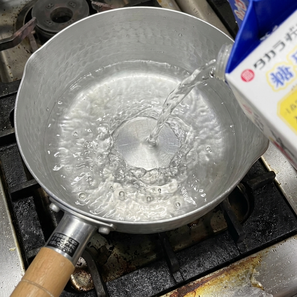 Verser de la sauce soja blanche dans une petite casserole sur le feu.