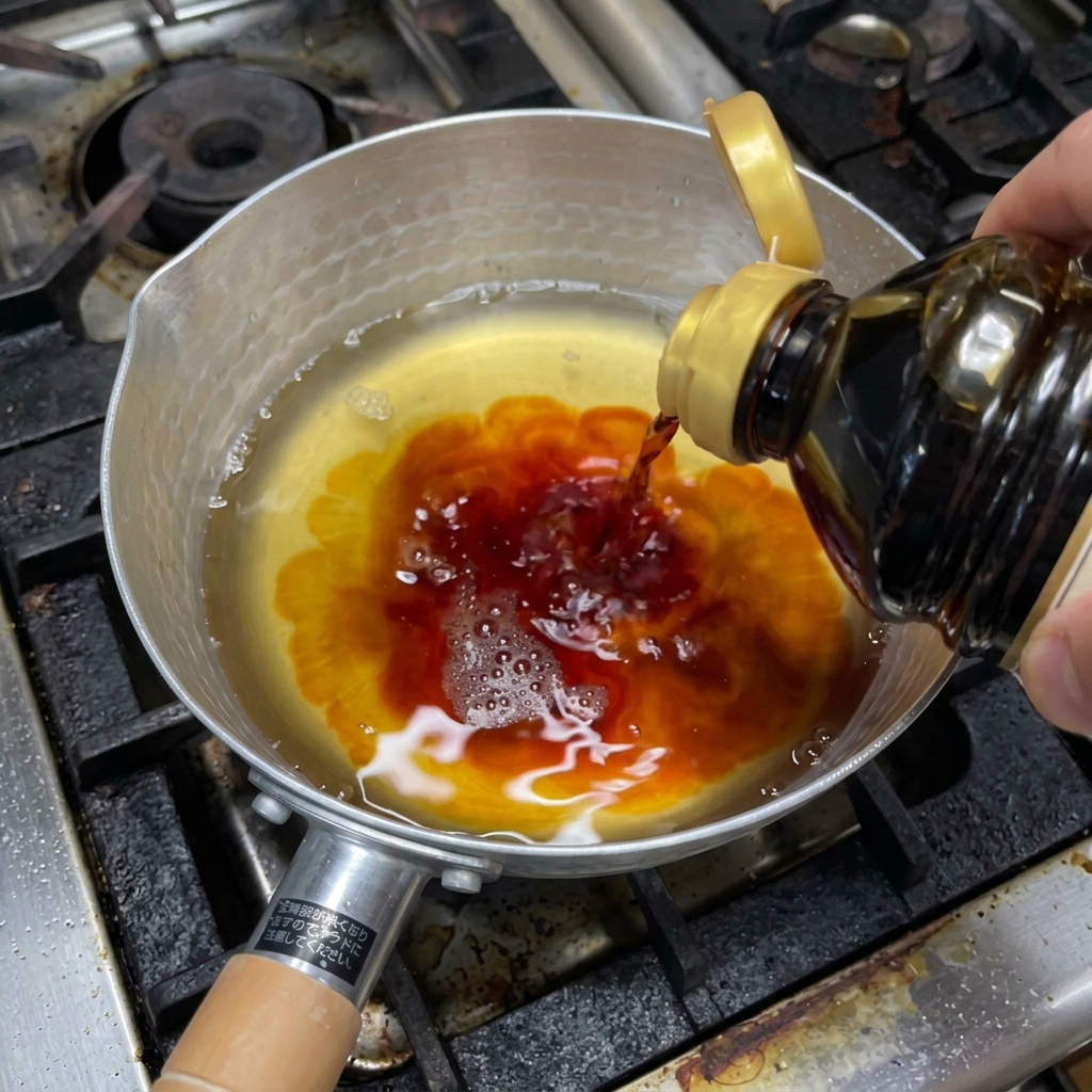 Ajout de sauce soja foncée dans une casserole de liquide doré frémissant.
