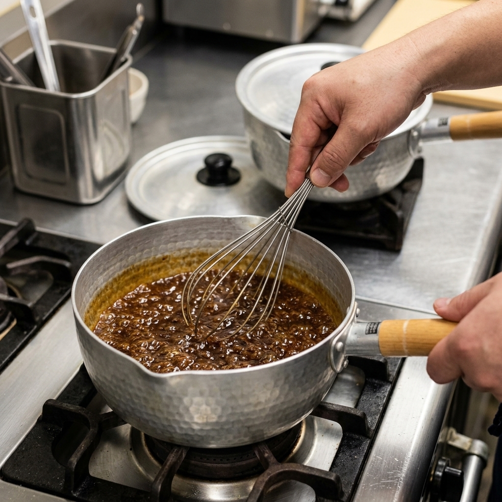 Mélange à laide dun fouet de la sauce soja avec des flocons de bonite.