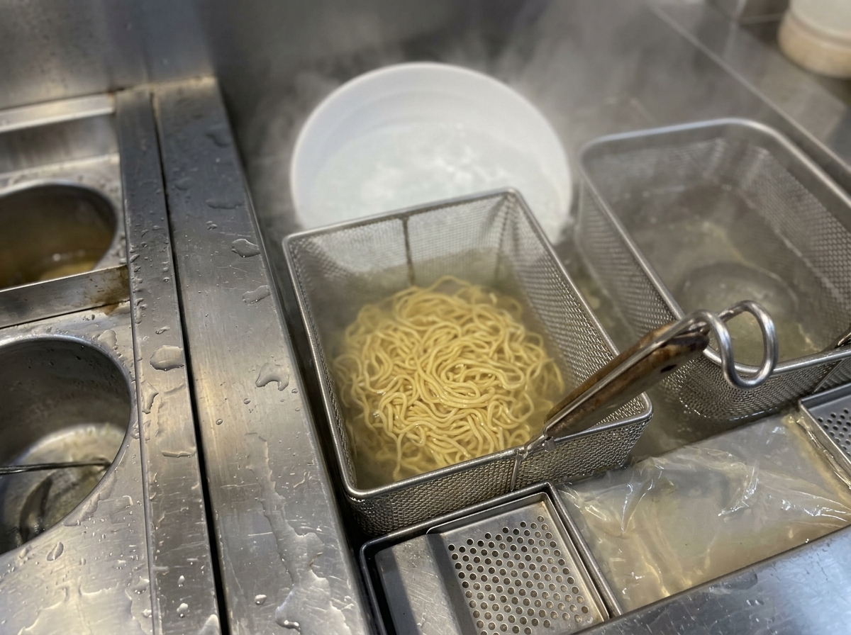 Nouilles ramen épaisses bouillant dans un panier métallique immergé.
