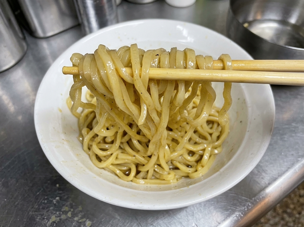 Baguettes mélangeant les nouilles épaisses dans le bol pour les enrober de sauce.