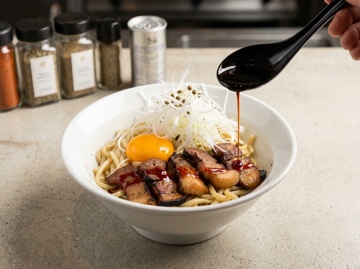 Filet de sauce versé sur un bol dAbura Soba garni dun œuf et de ciboule.