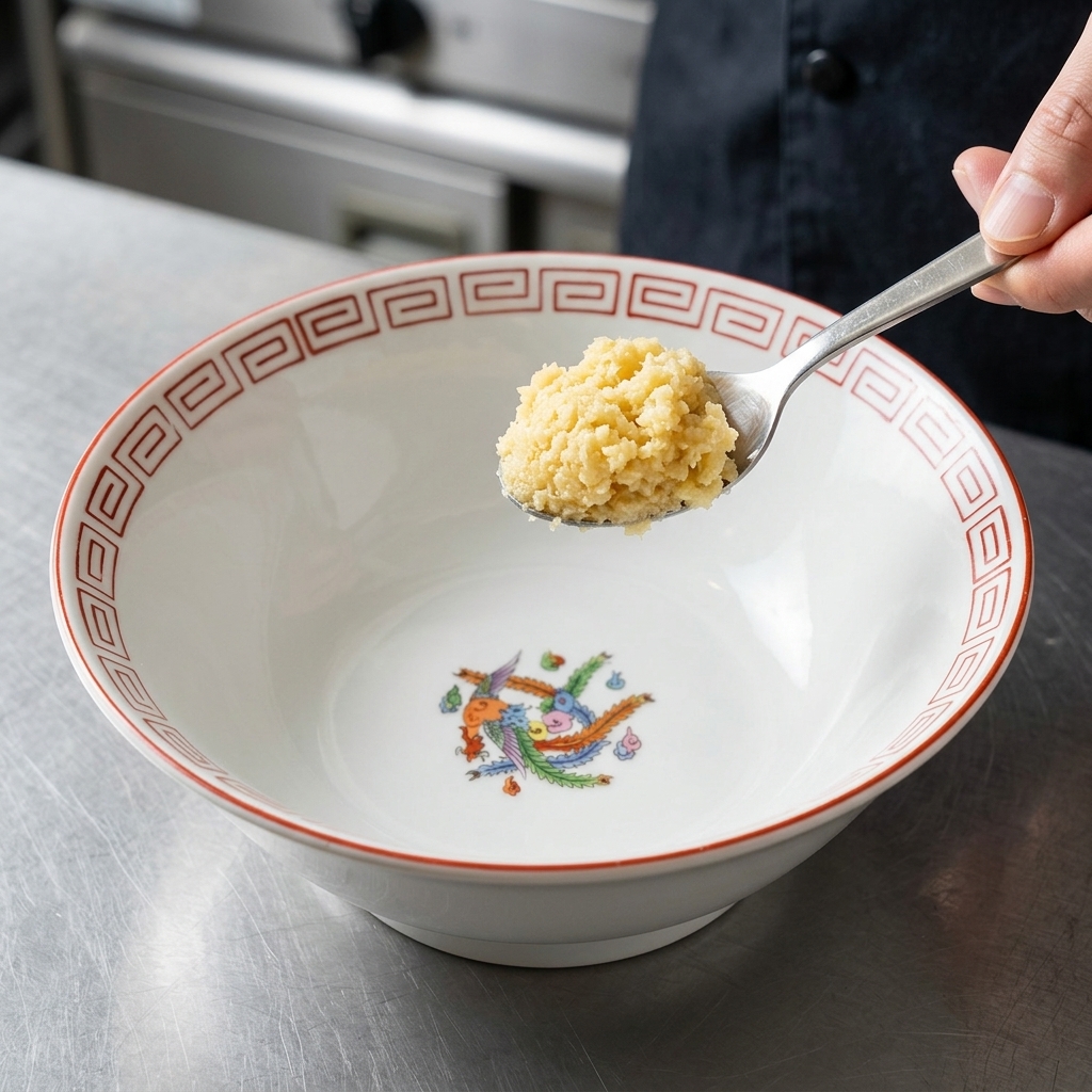 Une cuillère de pâte de gingembre ou dail déposée au fond dun bol à ramen vide.