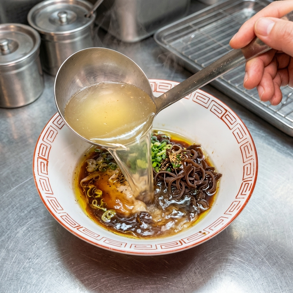 Bouillon de poulet clair et fumant versé dune louche en métal dans le bol à ramen préparé.