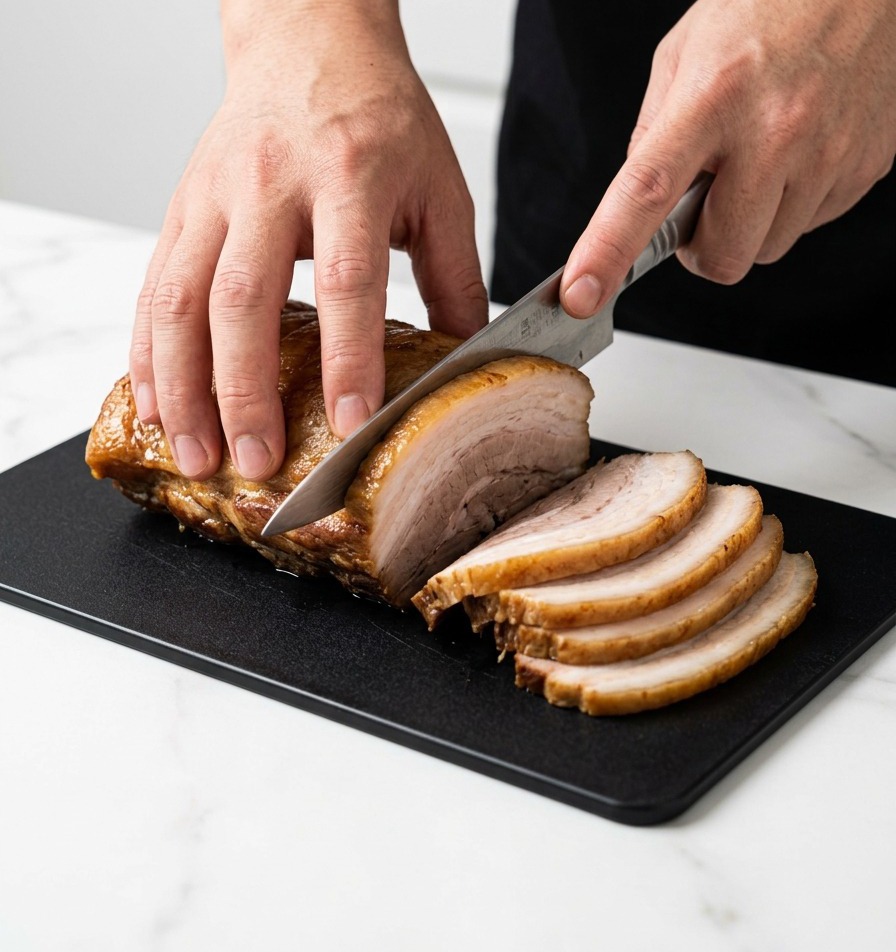 Gros plan sur des mains utilisant un couteau aiguisé pour couper un bloc de poitrine de porc cuite en tranches épaisses sur une planche à découper.