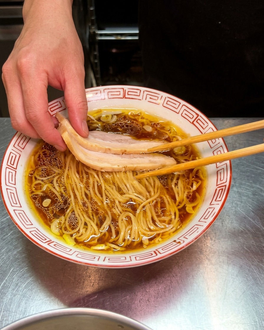 Main utilisant des baguettes pour déposer deux tranches de porc chashu tendre à la surface du ramen.