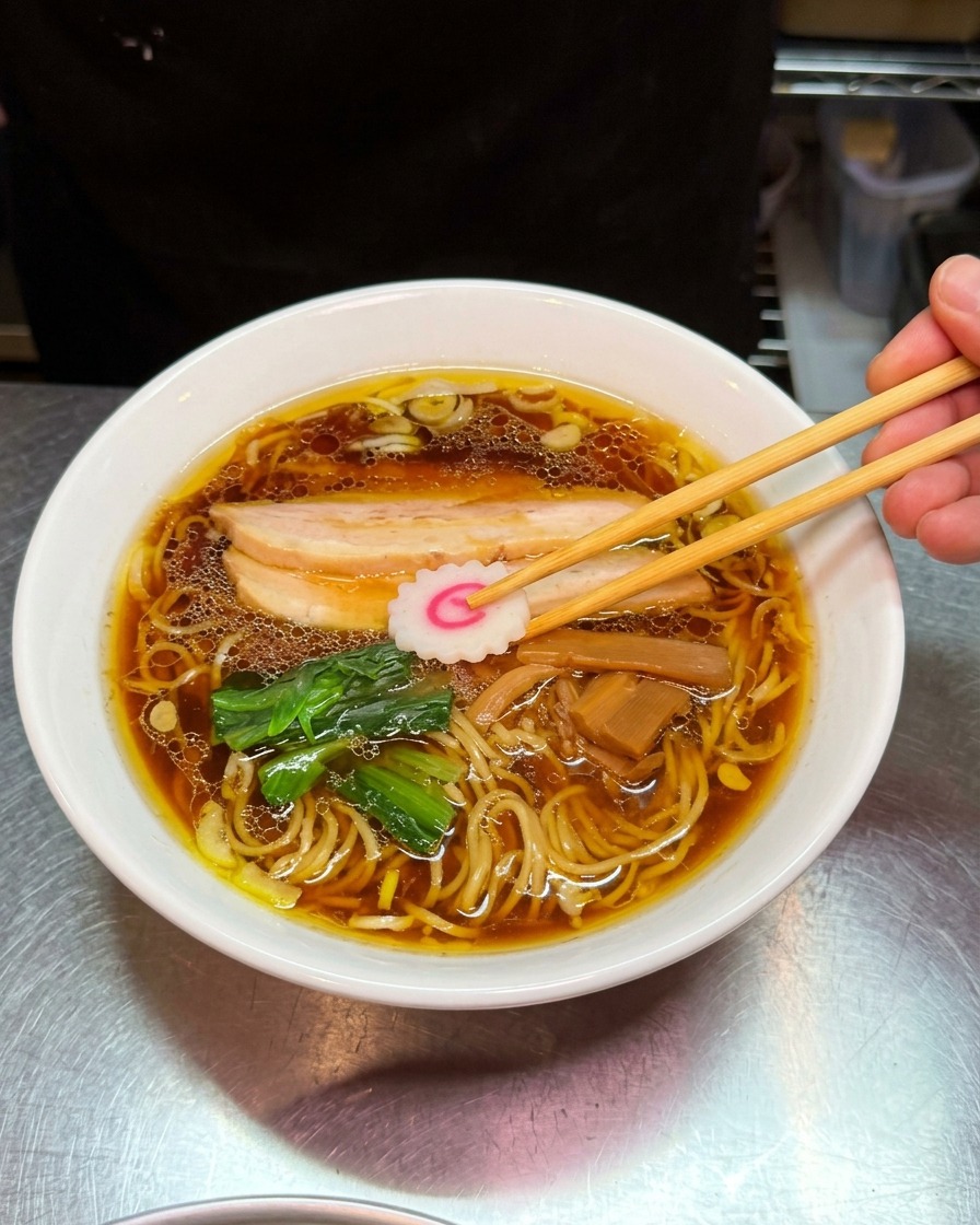 Des baguettes déposant avec soin une tranche de narutomaki rose et blanc sur un bol de ramen au shoyu déjà garni.