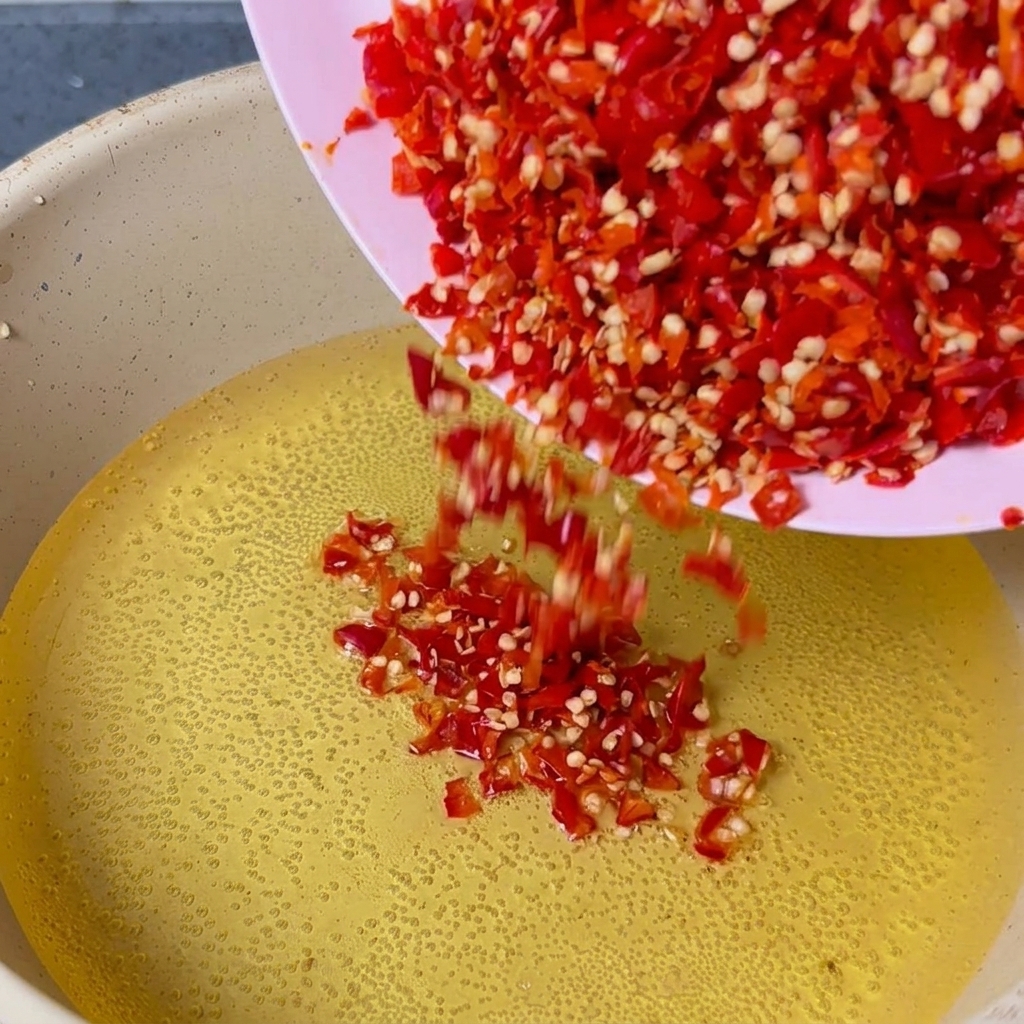 Piments rouges finement hachés versés dans une poêle dhuile bouillonnante.