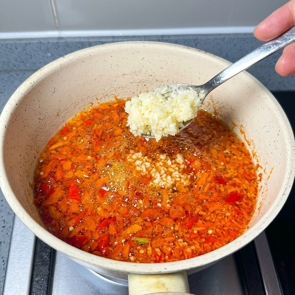 Une cuillère en métal ajoutant de lail haché dans lhuile de piment rouge bouillonnante.