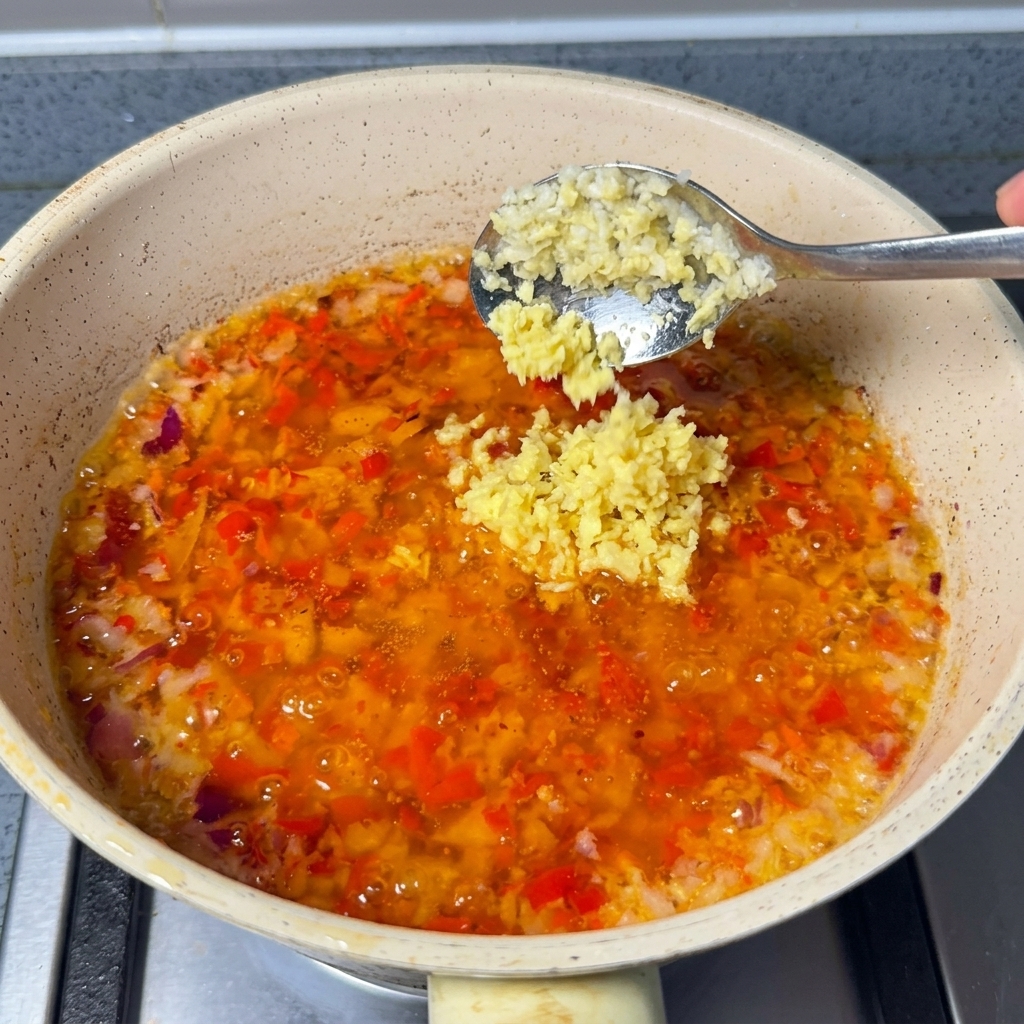 Une cuillerée de gingembre haché ajoutée au mélange frémissant de piment et doignon.