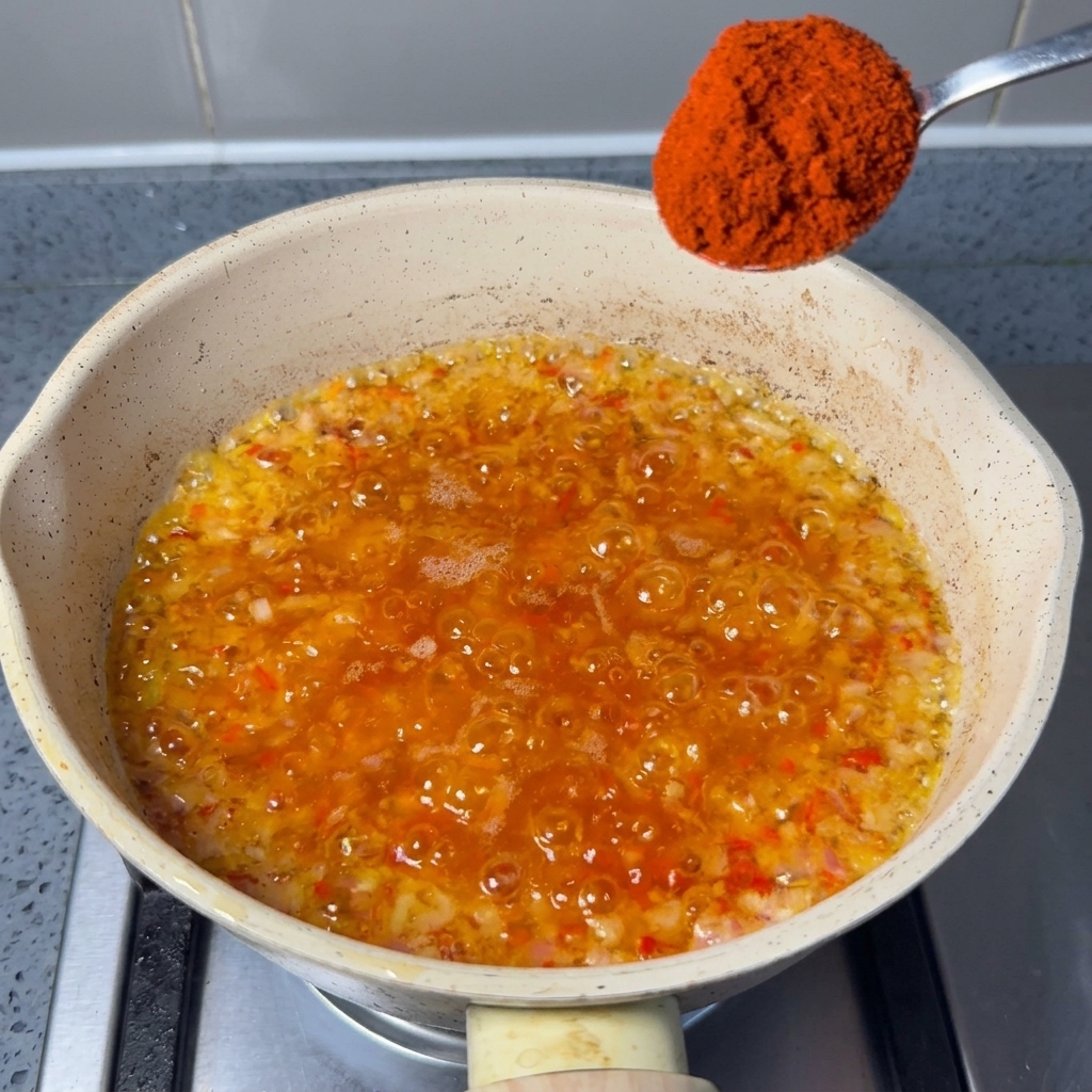 Une cuillère contenant de la poudre de piment rouge fine au-dessus du mélange doignons et de piments.