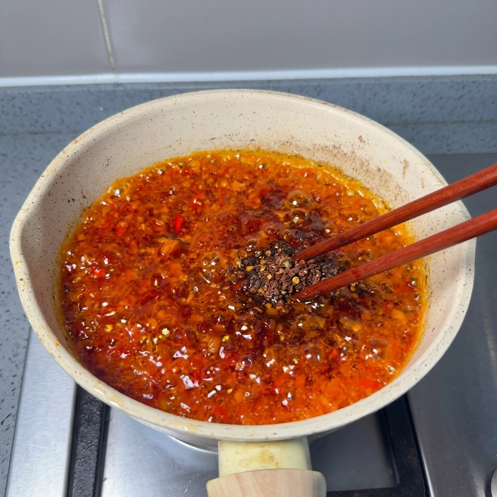 Baguettes en bois remuant une pâte de piment rouge foncé et bouillonnante.