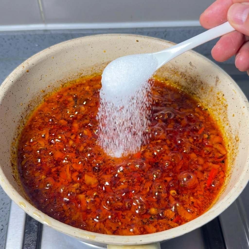 Une cuillère blanche saupoudrant du sucre cristal sur la pâte de piment rouge.