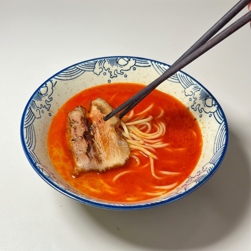 Une tranche de porc chashu saisie déposée sur les nouilles ramen dans le bouillon épicé.