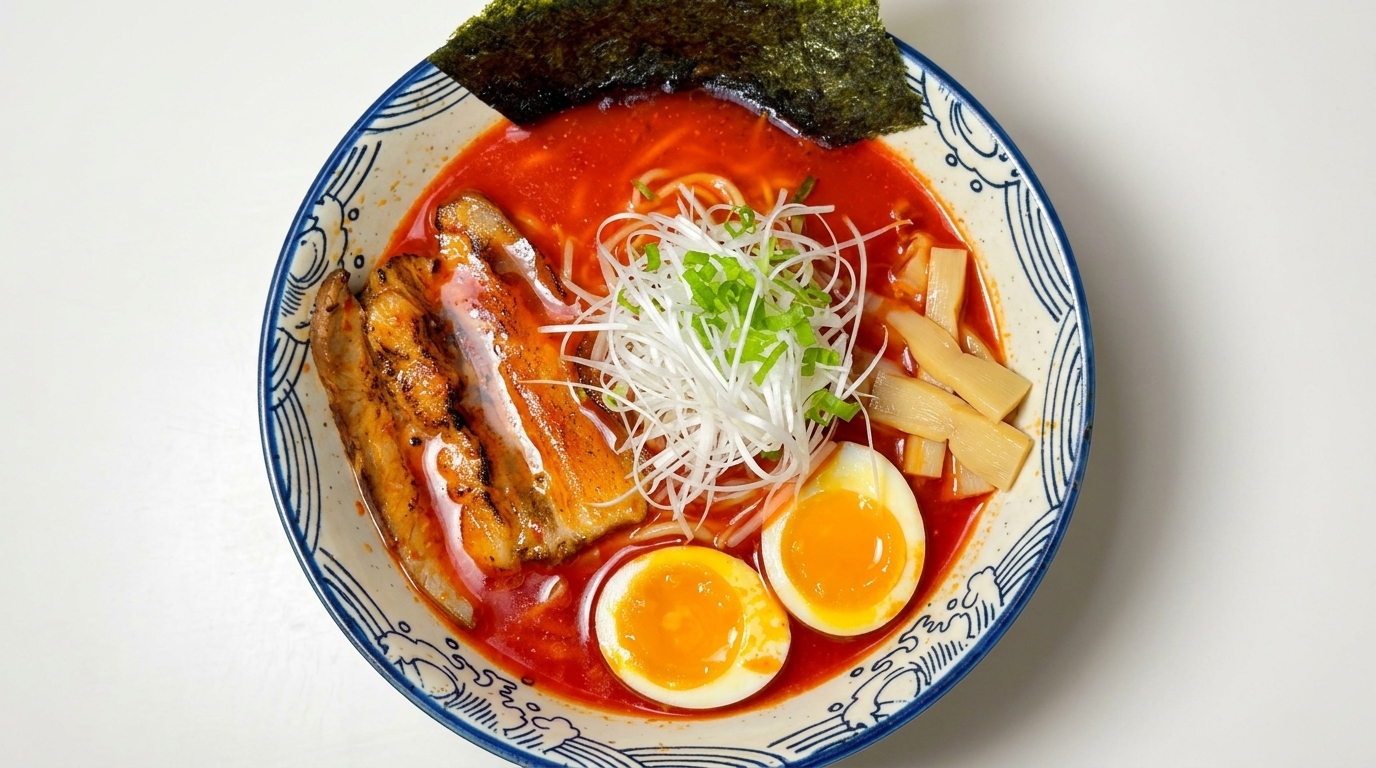 Un bol fumant de Hell Ramen japonais épicé avec son bouillon Tonkotsu riche, du porc chashu fondant et un œuf mollet parfait.