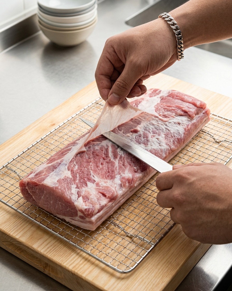 Utilisation dun couteau aiguisé pour retirer lexcès de gras dune poitrine de porc crue sur une planche en bois.