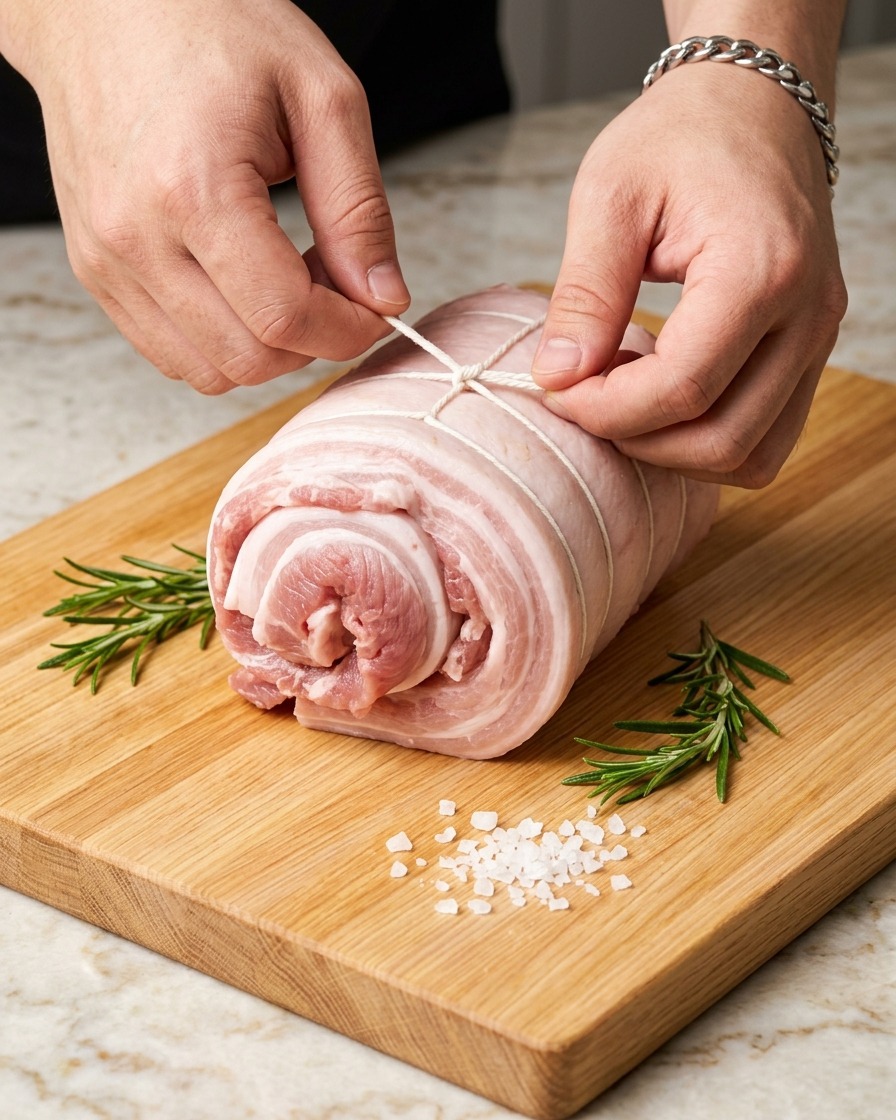 Mains nouant de la ficelle de boucher blanche autour dun rouleau de poitrine de porc pour le maintenir.